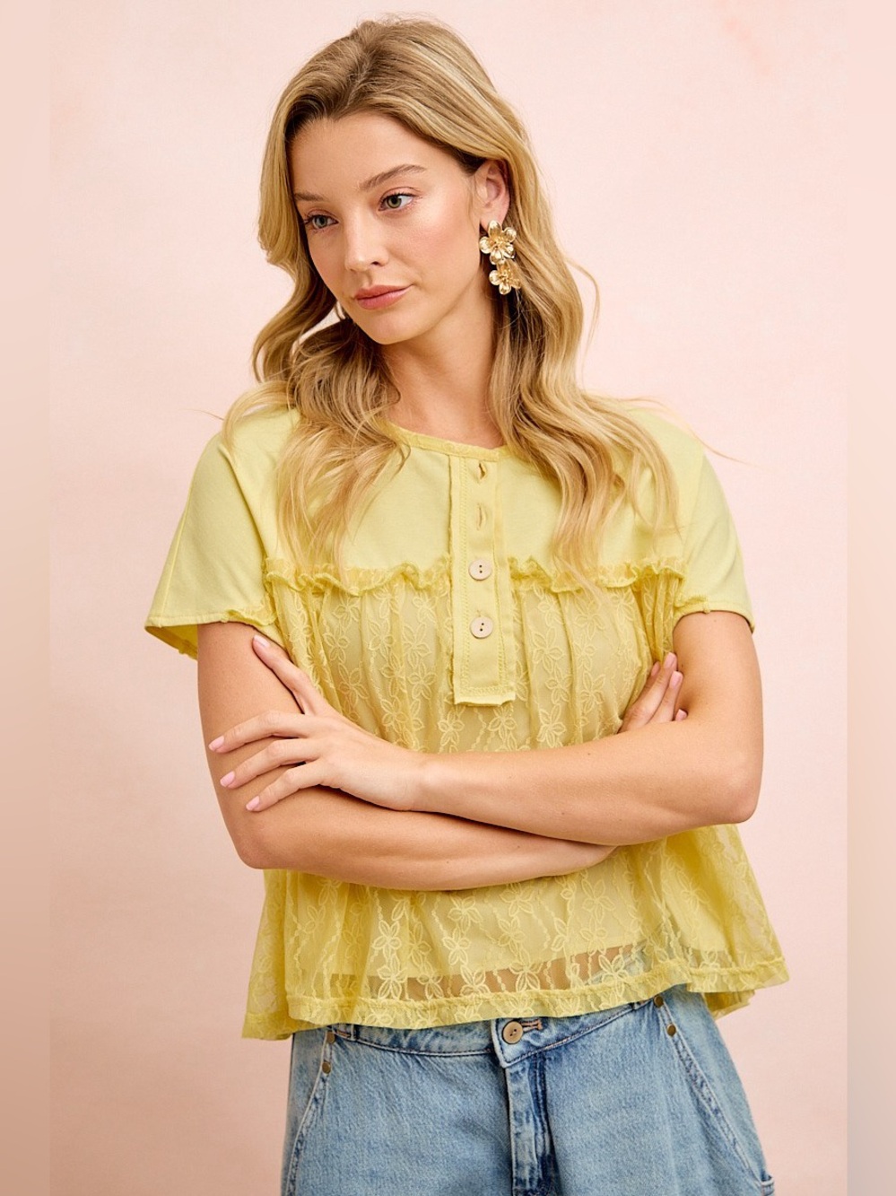 BiBi Solid Jersey With Lace Combo Ruffled Buttoned Top🛍️